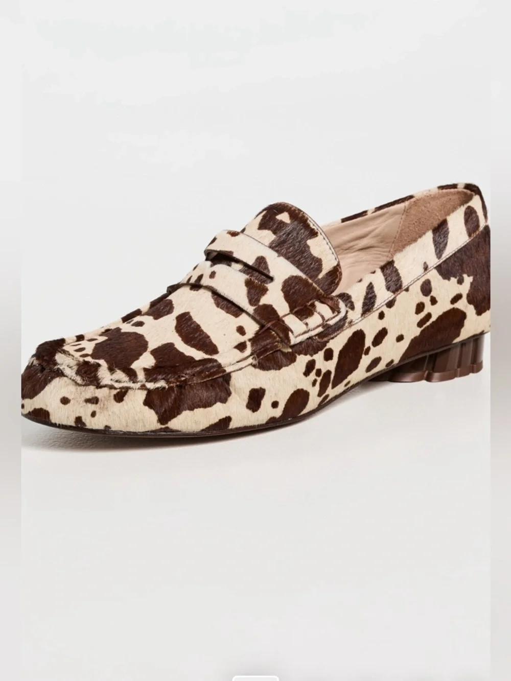 FARM Rio Monstera Heel Cow-Print Penny Loafers in Brown & Cream, NIB, Various - Picture 2 of 16